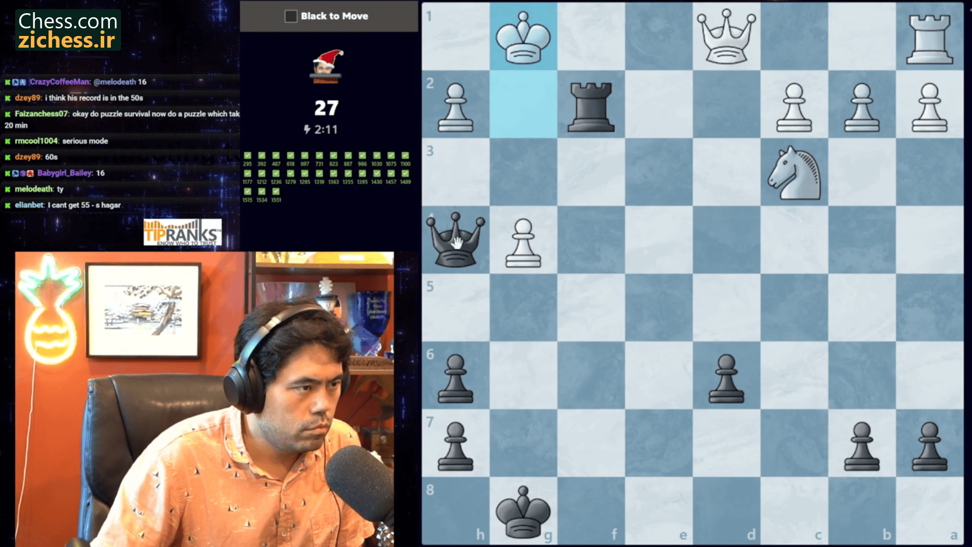 ناکامورا هنگام حل تمرین‌های Puzzle Rush. تصویر: GMHikaru/Kick، از Chess.com.