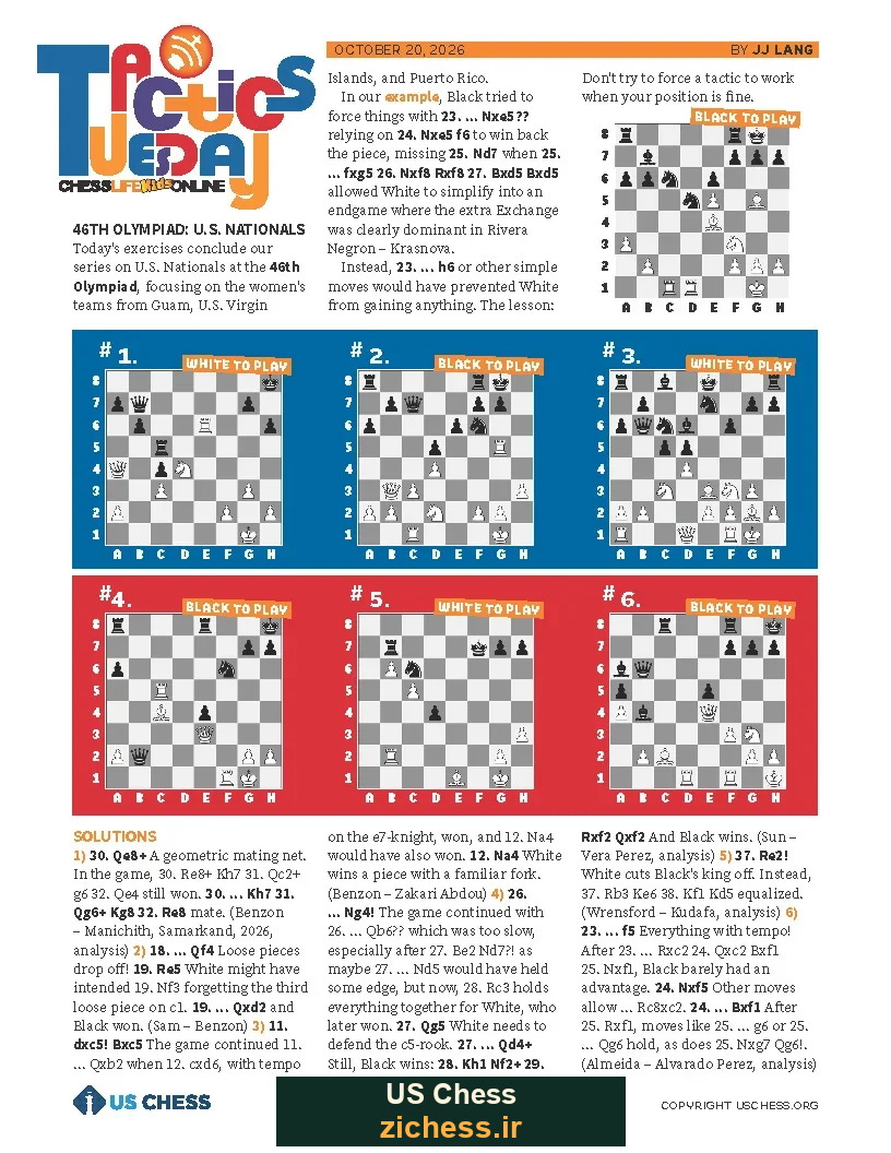 برگهٔ تمرین US Chess، نوشتهٔ جی‌جی لنگ، ۲۰ اکتبر ۲۰۲۶ (مصادف با ۲۸ مهر ۱۴۰۵)؛ موقعیت مورد بحث در تمرین پنجم دیده می‌شود. برای خواندن همهٔ نوشته‌ها، پیوند اندازهٔ اصلی را باز کنید.